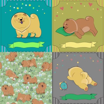 Set of cartoon dogs Chow-chow. Colorful vintage cards with funny pets. Seamless pattern with brown dogs. illustration. Banners for custom text.