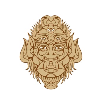 Drawing style illustration of a Five-eyed mythological Monster Head viewed from front