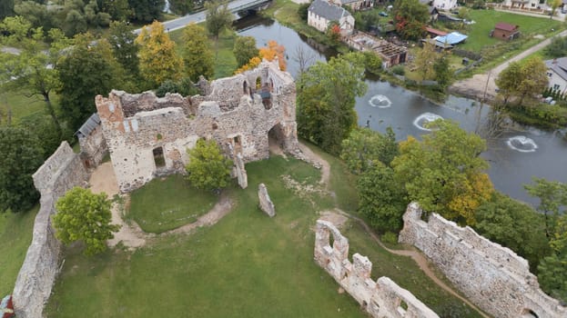ruins of an ancient medieval castle Dobele Latvia Aerial drone top view