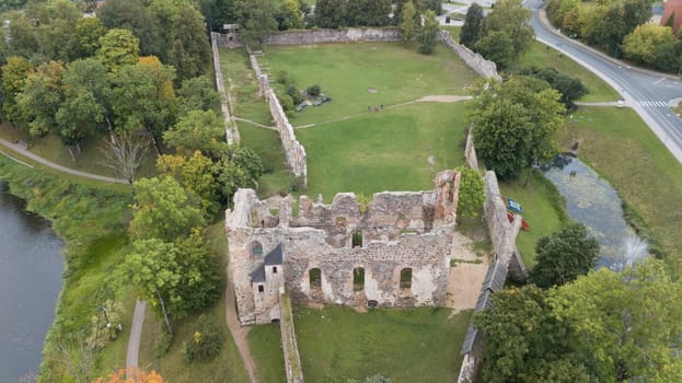 ruins of an ancient medieval castle Dobele Latvia Aerial drone top view