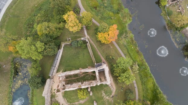 ruins of an ancient medieval castle Dobele Latvia Aerial drone top view