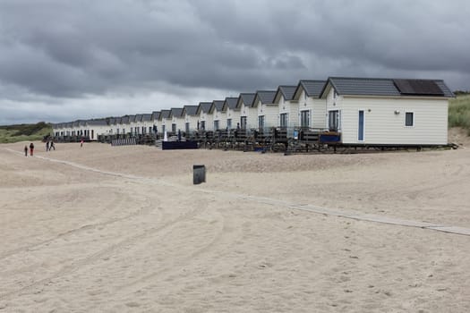 Netherlands 15 August 2015: Beach houses on the North Sea beach .
