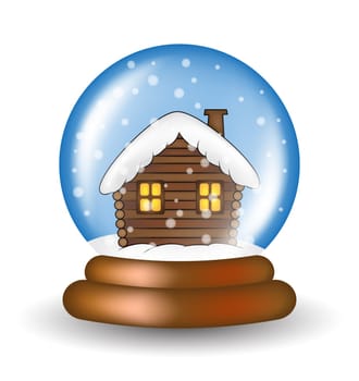 Christmas snowglobe with cabin cartoon design, icon, symbol for card. Winter transparent glass ball with the falling snow.  Vector illustration isolated on white background.