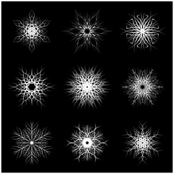 Christmas snowflake, frozen flake silhouette icon, symbol, design. Winter, crystal vector illustration isolated on the black background.