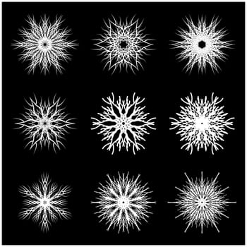 Christmas snowflake, frozen flake silhouette icon, symbol, design. Winter, crystal vector illustration isolated on the black background.