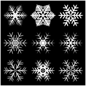 Christmas snowflake, frozen flake silhouette icon, symbol, design. Winter, crystal vector illustration isolated on the black background