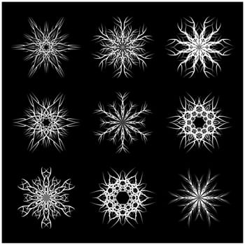 Christmas snowflake, frozen flake silhouette icon, symbol, design. Winter, crystal vector illustration isolated on the black background.