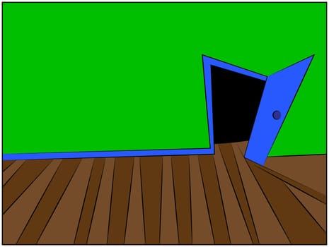 Mystery Room cartoon vector Illustration of home or office corridor and open door.
