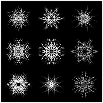 Christmas snowflake, frozen flake silhouette icon, symbol, design. Winter, crystal vector illustration isolated on the black background.
