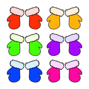 Christmas mittens set, cartoon gloves design, icon, symbol. Winter vector illustration isolated on white background.