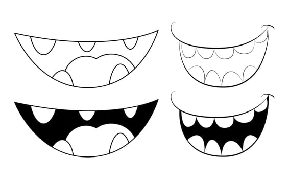 Cartoon smile, mouth, lips with teeth. vector silhouette, outline illustration isolated on white background