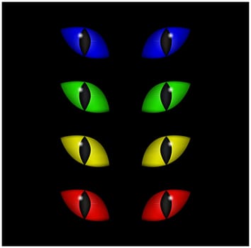 Halloween spooky eyes vector set isolated on black background. Illustration of Evil, dangerous, wild angry cat iris in darkness