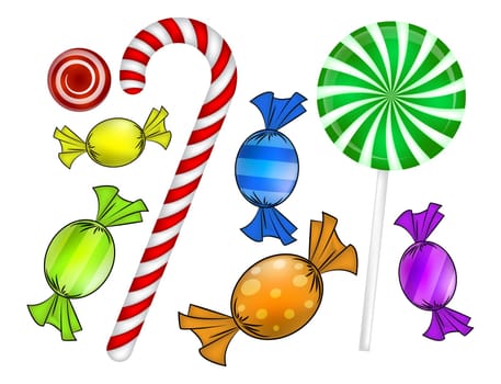 Christmas candy set. Colorful wrapped sweet, lollipop, cane. Vector illustration isolated on a white background.