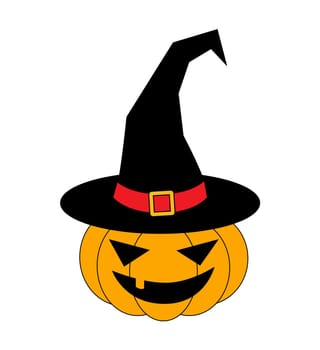 Halloween pumpkin in witches hat vector illustration, Jack O Lantern isolated on white background. Scary orange picture with eyes.