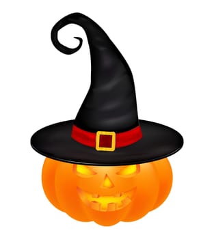 Halloween pumpkin in hat vector illustration, Jack O Lantern isolated on white background. Scary orange picture with eyes and candle light inside.