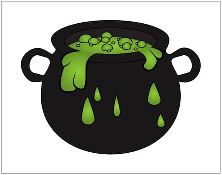 Witch cauldron with green potion, bubbling witches brew. Cartoon Vector illustration isolated on white background.