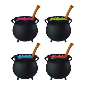Witch cauldron with colorful potion, bubbling witches brew. Realistic Vector illustration isolated on white background.