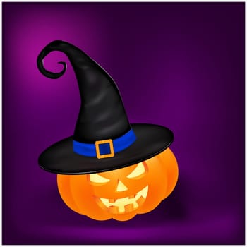 Halloween pumpkin in hat vector illustration, Jack O Lantern on gradient mesh background. Scary orange picture with eyes and candle light inside.