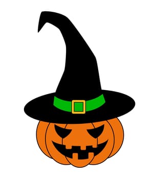 Halloween pumpkin in witches hat vector illustration, Jack O Lantern isolated on white background. Scary orange picture with eyes.