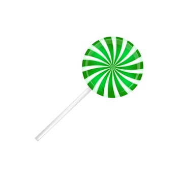 Lollipop striped in Christmas colours. Spiral sweet candy with green and white stripes. Vector illustration isolated on a white background.