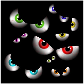 Set of realistic spooky, scary,  human eye ball with colorful pupil, iris. Halloween vector illustration isolated on black background.