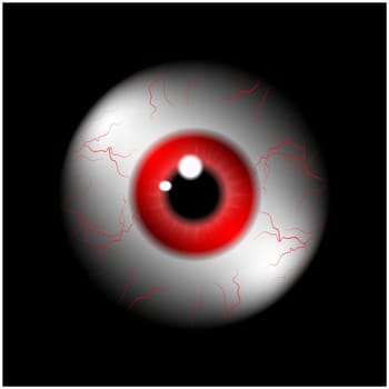 Image of realistic human eye ball with redl pupil, iris. Vector illustration isolated on black background.