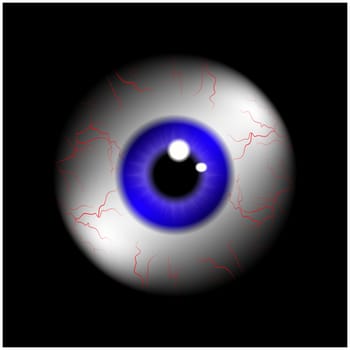 Image of realistic human eye ball with blue pupil, iris. Vector illustration isolated on black background.