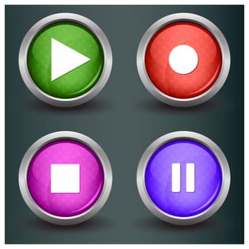 Set of isolated glossy vector web buttons. Beautiful internet buttons. Play, pause, start, record.