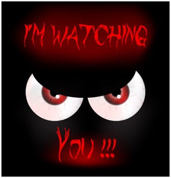 Image of Happy Halloween spooky background Flat design. Vector illustration of invitation card with scary bloody eyes, eyeballs with sign I'm watching you.