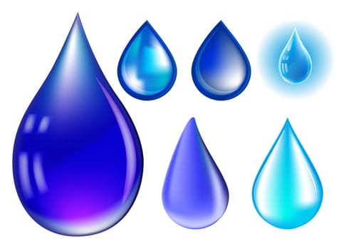 Blue realistic vector water drop set isolated on white background.