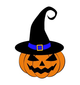 Halloween pumpkin in witches hat vector illustration, Jack O Lantern isolated on white background. Scary orange picture with eyes.