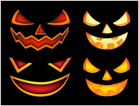 Halloween scary pumpkin face vector illustration set, Jack O Lantern smile isolated on black background. Scary orange picture with eyes in the dark.