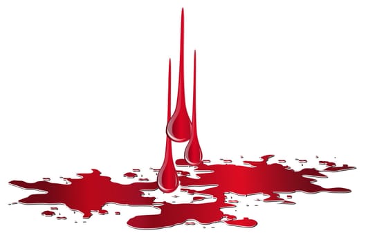 Vector puddle of blood with drops isolated on white background. Red plash of blood