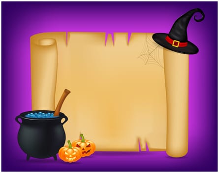 Halloween banner, card with empty paper scroll and witches cauldron, blue potion, pumpkin. Blank vector ancient scroll of parchment wallpaper, background. Poster or brochure for Halloween party.