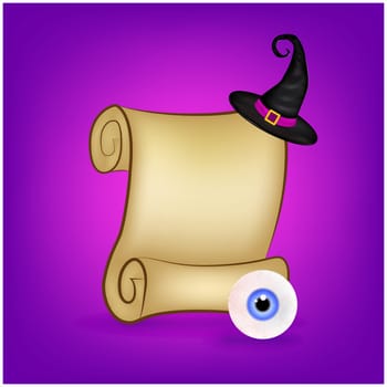 Halloween banner, card with empty paper scroll and eyeball, witches hat. Blank ancient scroll of parchment wallpaper, background. Poster or brochure for Halloween party. Vector illustration.