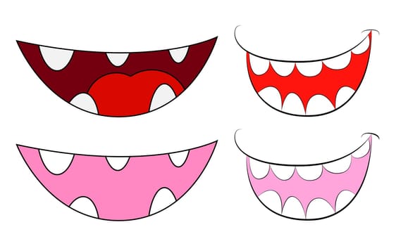 Cartoon smile, mouth, lips with teeth and tongue set. vector illustration isolated on white background