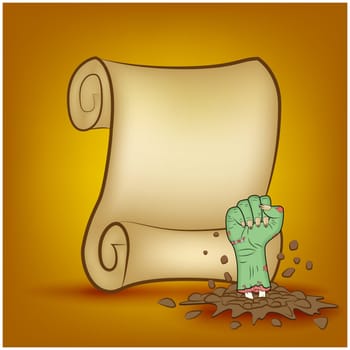 Halloween banner, card with empty paper scroll and zombie, monster hand. Blank ancient scroll of parchment wallpaper, background. Poster or brochure for Halloween party. Vector illustration.