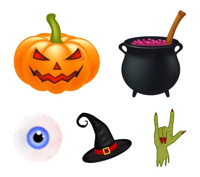 Halloween cartoon vector set, symbols collection. set of vector objects, pumpkins, witch hat cauldron, and more. Vector Set of cute Halloween elements, objects and icons for your design