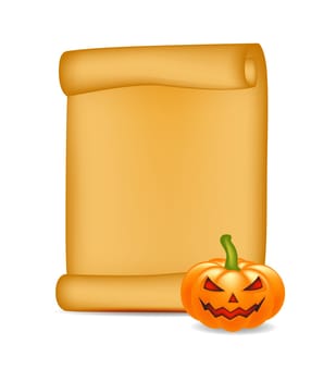 Halloween banner, card with empty paper scroll and pumpkin. Blank ancient scroll of parchment wallpaper, background. Poster or brochure for Halloween party. Vector illustration.