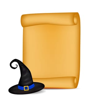 Halloween banner, card with empty paper scroll and witches hat. Blank ancient scroll of parchment wallpaper, background. Poster or brochure for Halloween party. Vector illustration.