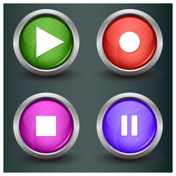 Set of isolated glossy vector web buttons. Beautiful internet buttons. Play, pause, start, record.