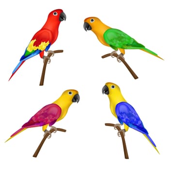 Set of beautiful colorful parrots isolated on white background- vector illustration. Colors: red, green, yellow and blue, purple, pink .