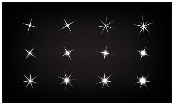 Set of Vector sparkling and glowing light effect stars on black background.