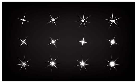 Set of Vector sparkling and glowing light effect stars on black background.