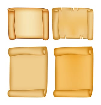 Paper scroll vector set isolated on white background. Empty parchment rolled up scroll, old paper sheet texture. Created with gradient mesh.