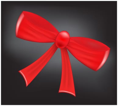 Red realistic  ribbon bow on dark background. Vector illustration
