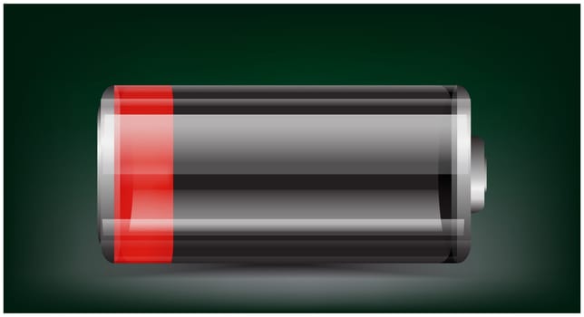 Vector transparent battery illustration. Low charged red battery on dark background