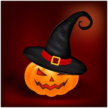 Halloween pumpkin in hat vector illustration, Jack O Lantern on gradient mesh background. Scary orange picture with eyes and candle light inside.