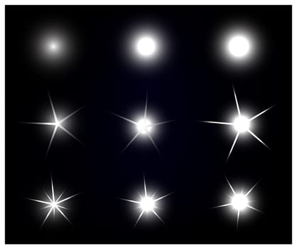 Set of Vector sparkling and glowing light effect stars on black background.