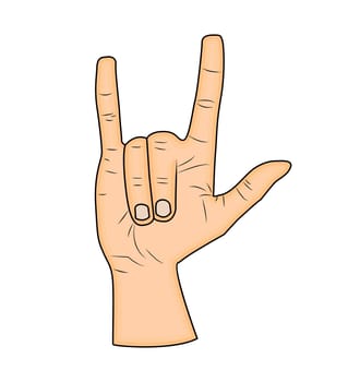 Horns hand, satan sign finger up gesture. Vector isolated on white background. Realistic cartoon illustration.
